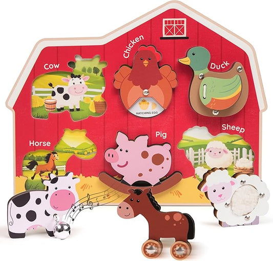 Wooden Montessori Farm Puzzles for Toddlers 1-3 – Interactive Sensory Animal Toys with Textures & Sound -Educational Puzzle & Baby Gifts for Fine Motor Skills & Autism Friendly