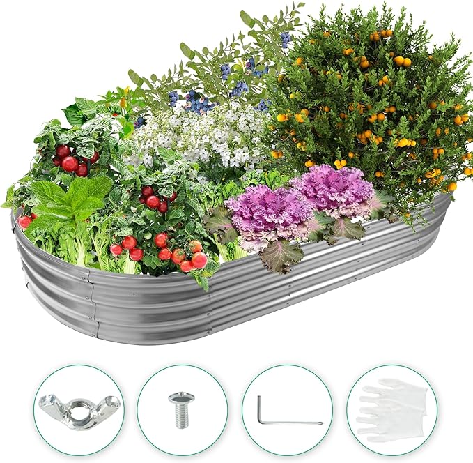 72X36X12 Inches Oval Galvanized Metal Garden Raised Bed/Plant Box for Planting,36 Inches Diameter Metal Fire Pit Ring,Small Animal Fence-3 in 1 Modular Design in Silver (6X3X1 FT, Oval)