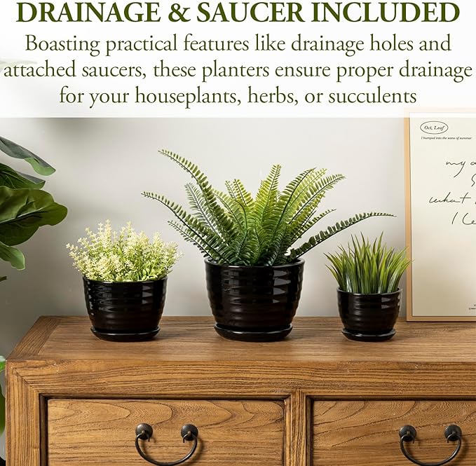 MyGift Modern Ribbed Black Ceramic Small Planters for Houseplant Flower Succulent Herb, Indoor Home Garden Plant Pot with Drainage Hole and Attached Saucer, Set of 3