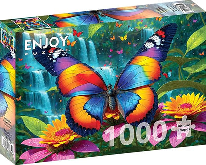 1000 Pieces Jigsaw Puzzle – Matte Finish, Soft Touch, Easy to Assemble, Tight Fit, Vivid Colors, Missing Pieces Service – Rainbow Butterfly and Flowers in Waterfall Forest – by ENJOY Puzzle