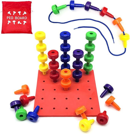 Foam Peg Board Toy - 36 Pegs, Foam Board, Lacing String, Storage Bag - Occupational Therapy Toys - Fine Motor Skills Toys for Toddlers and Kids (Red)