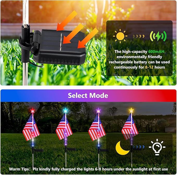 July 4th Decorative Solar American Flag Lights July 4th Solar Patriotic Flag Lights, 2 Modes Garden Pile Lights LED Landscape Lights Street Lights (Color Change), XY-T001