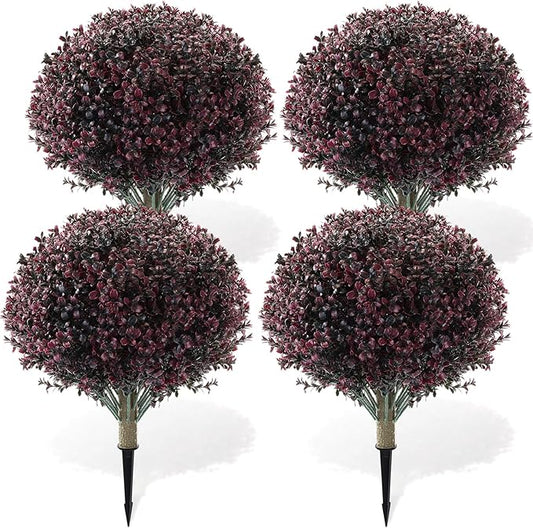 Yunlly 4 Pack 18" Artificial Boxwood Ball Bush Topiary Trees Fake Outdoor Plants, Realistic UV Resistance Faux Shrubs with Spike Greenery Topiary for Front Porch Garden Yard Patio Indoor (Dark Purple)