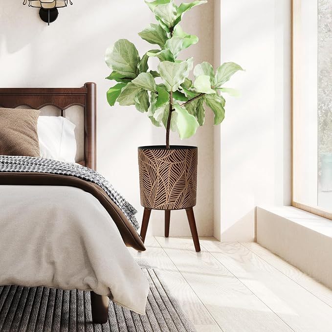 12inch Black Plant Pots for Indoor Plants Large Boho Flower Pot with Stand Modern Planters with Gold Floral Embossed Standing Planter with Drainage for Living Room, Office, Garden or Balcony