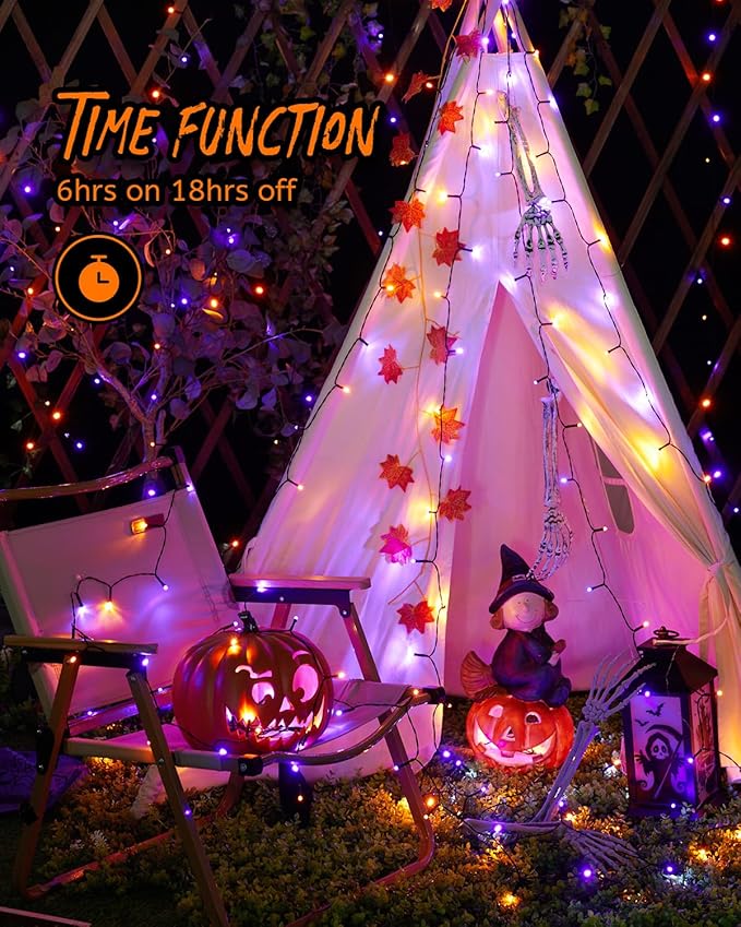 Minetom 196FT Purple & Orange Halloween Lights, 600 LED Halloween Fairy String Lights with 8 Modes, Plug in Orange Purple Hanging Twinkle Lights for Party Garden Bedroom Halloween Decorations
