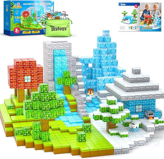 126PCS Large Magnetic Blocks-Mine Magnet World Forest & Ice Edition, Sensory Building Blocks Set STEM Construction Toys for Toddlers Kids Ages 3-5 5-7 8-13, Gifts for 3-8 Year Old Boys Girls