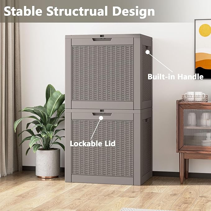 NUNU LAB 30 Gallon Waterproof Resin Deck Box, Lockable Outdoor & Indoor Storage Bench for Patio Cushions, Garden Tools, Pool Accessories & Package Deliveries – Grey