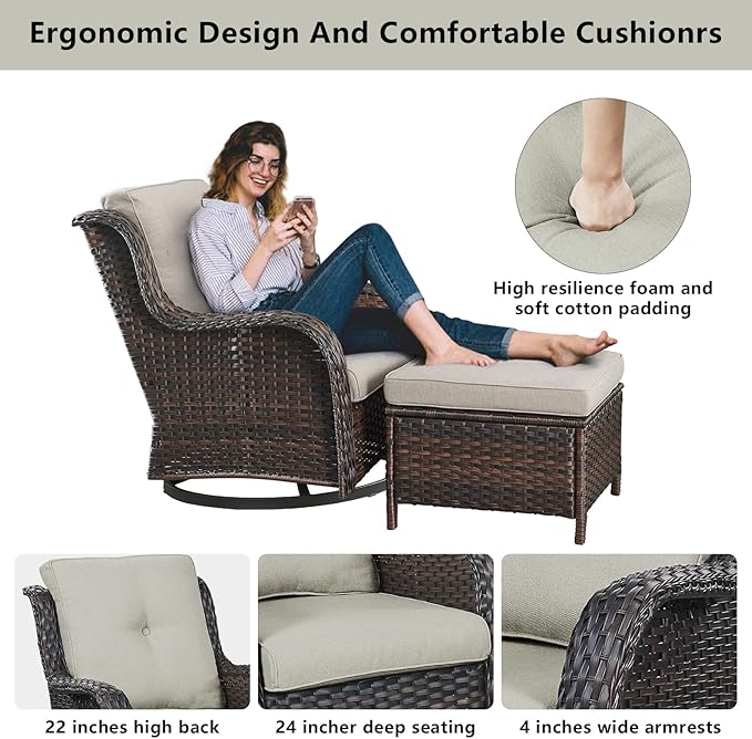 Wicker Patio Furniture Sets - 13 Piece Outdoor Rattan Furniture Conversation Sets with 4 Swivel Rocker Chairs, 2 Rattan Sofas, Wicker Ottomans and Coffee Table, Brown/Beige