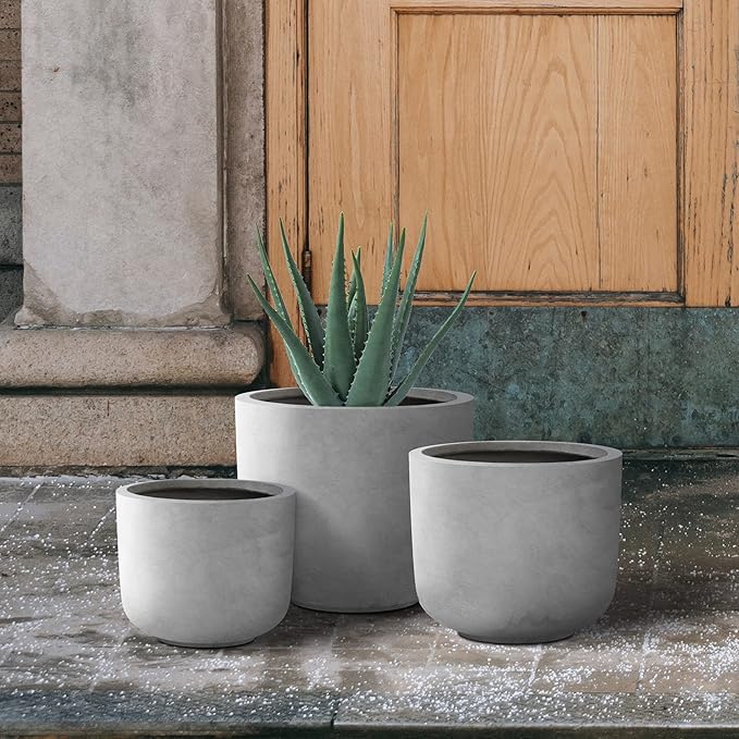 Kante 13",11",9" Dia Natural Concrete Round Planters (Set of 3), Outdoor Indoor Modern Planter Pots, Lightweight, Weather Resistant, Seamless with Drainage Hole