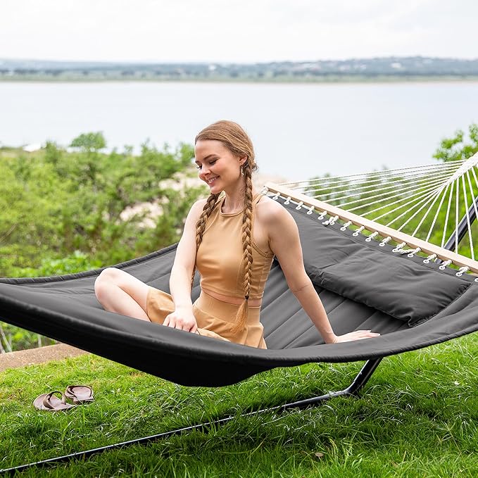 SUNCREAT Hammocks for Outside with 15 ft Stand, Stand Alone Hammock, 475 lbs Capacity, Dark Gray