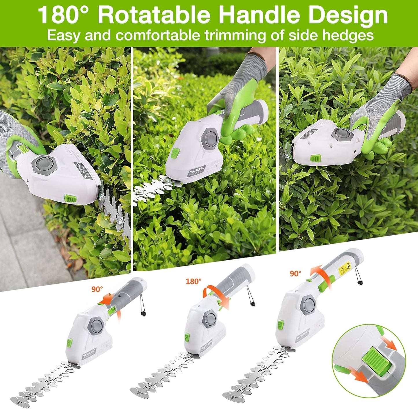 WORKPRO Cordless Grass Shear & Shrubbery Trimmer - 2 in 1 Handheld Hedge Trimmer 7.2V Electric Grass Trimmer Hedge Shears/Grass Cutter 2.0Ah Rechargeable Lithium-Ion Battery and USB Cable Included