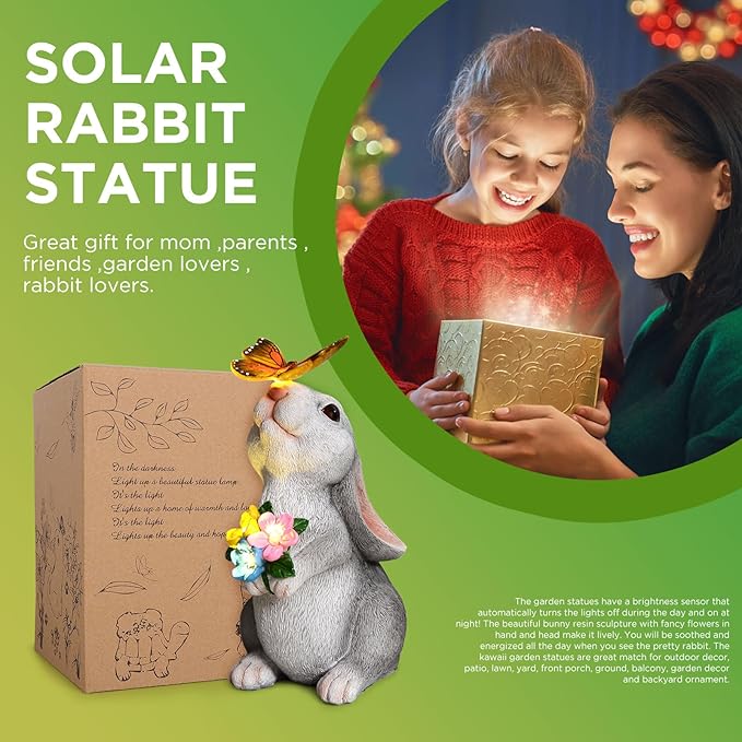 SIX FOXES Solar Garden Rabbit Statues Light - Easter Bunny Decor for Garden, Lawn, Patio, Balcony, Yard Ornament, Gifts for Kids, Women, Mom