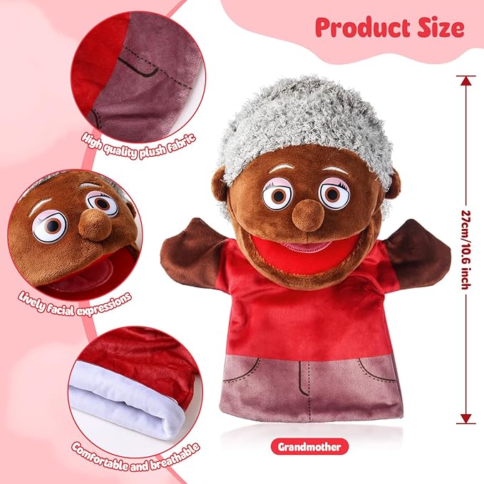 1 Pcs Family Hand Puppets 12 Inch Grandparents Mom Dad Brother Sister Plush Hand Puppet Toys Role-Play Toy Puppets for Kids Storytelling Imaginative Pretend Play Teaching Preschool(Black Grandmother)