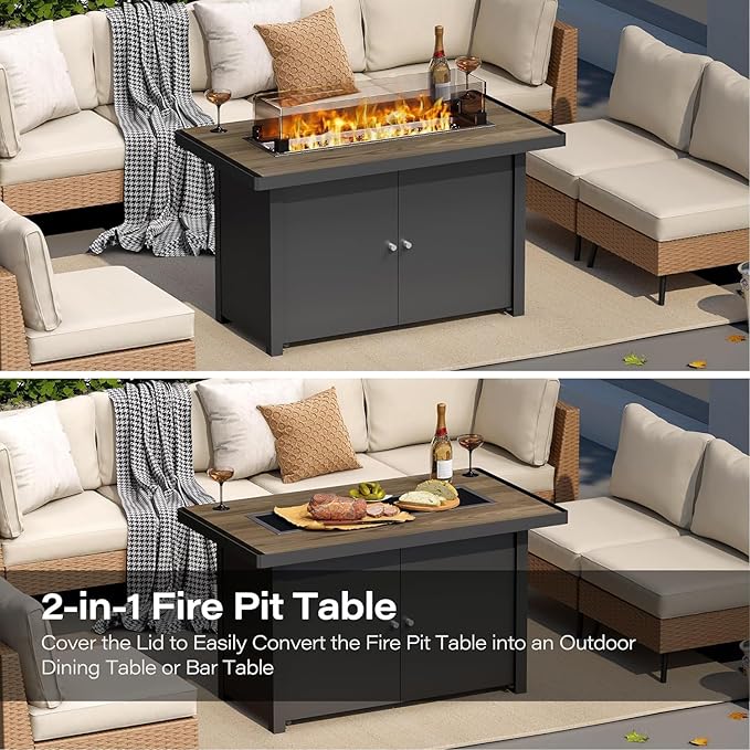 LAUSAINT HOME Propane Fire Pit Table 43 Inch with Lid, 55,000 BTU Gas Fire Pits for Outside Patio with Glass Wind Guard, Gray Glass Beads