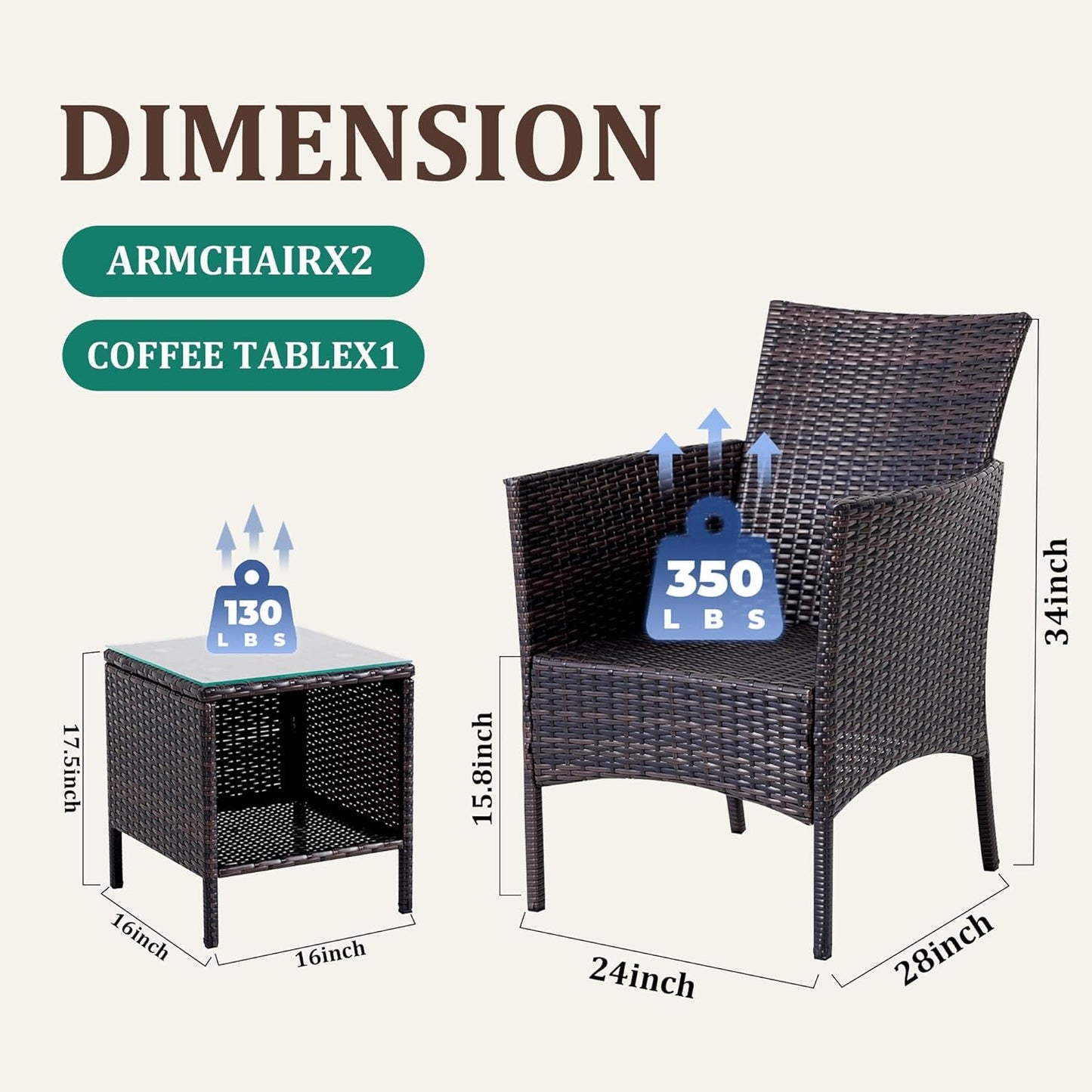 3 Piece Patio Furniture Set - Outdoor Conversation Sets with Coffee Table, Rattan Chair Set for Garden/Poolside, Brown/Beige