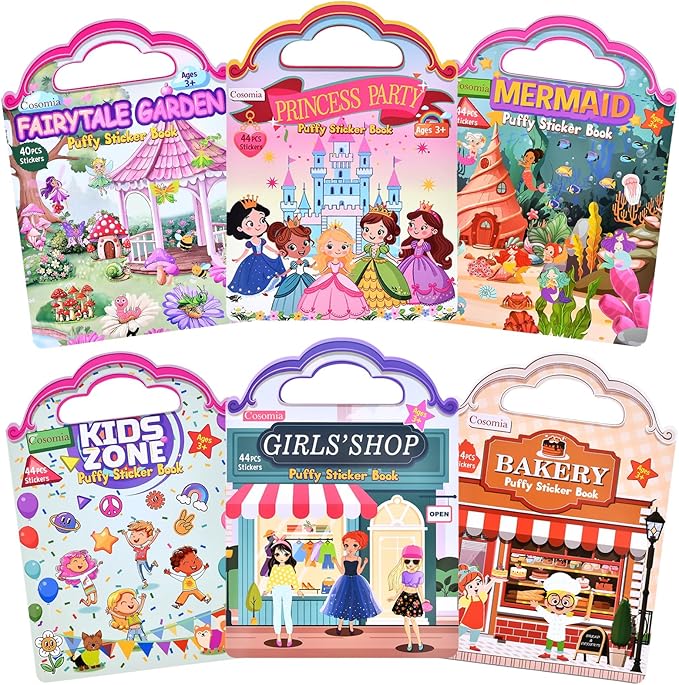 6 Set (260pcs) Puffy Sticker Books Activity for Girls, Fairytale Garden, Princess Party, Mermaid, Kids Zone, Girls' Shop, 3D Reusable Stickers, Travel Sticker Books for Kids Ages 3+