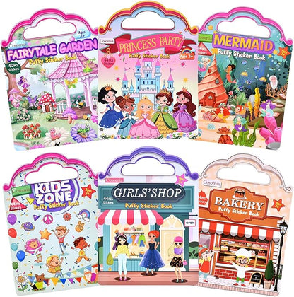 6 Set (260pcs) Puffy Sticker Books Activity for Girls, Fairytale Garden, Princess Party, Mermaid, Kids Zone, Girls' Shop, 3D Reusable Stickers, Travel Sticker Books for Kids Ages 3+