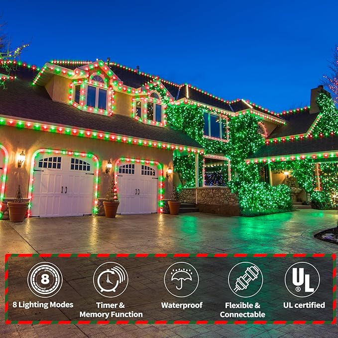 150ft LED Rope Lights Outdoor, 1080 LED Connectable and Flexible Tube Lights with 8 Modes, Waterproof LED Rope Lighting for Garden Patio Pool Bedroom PartyIndoor Outdoor Christmas Decor (Red & Green)