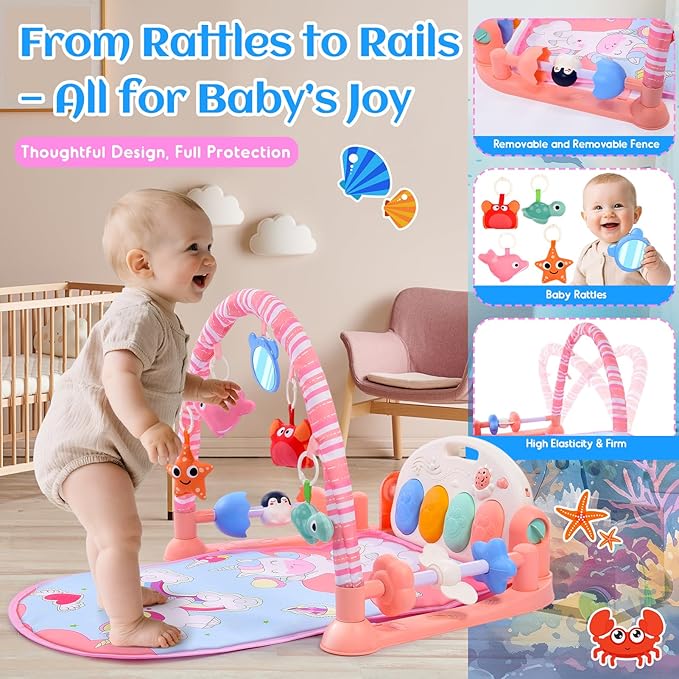 Baby Gyms Play Mats, Baby Toys Tummy Time Mat, Baby Activity Mat Play Piano Gym with 5 Sensory Toys for Babies, Music and Lights Boy & Girl Gifts for Infant Newborn Baby 0-3 4-6 6-9 6-12 Months