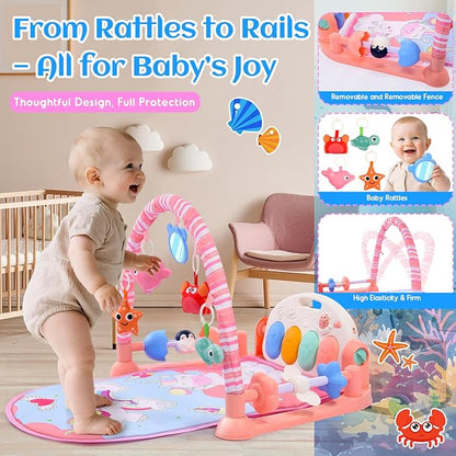 Baby Gyms Play Mats, Baby Toys Tummy Time Mat, Baby Activity Mat Play Piano Gym with 5 Sensory Toys for Babies, Music and Lights Boy & Girl Gifts for Infant Newborn Baby 0-3 4-6 6-9 6-12 Months