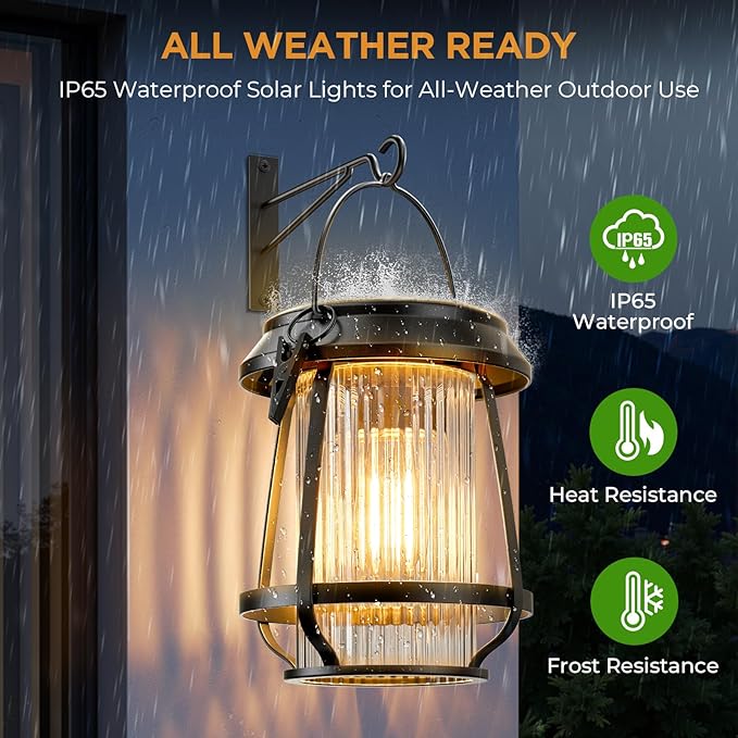 Solar Lanterns Outdoor Waterproof, Metal Hanging Solar Lights Outdoor with Hooks Wall Mount Kit, Solar Powered Lanterns for Garden Porch Patio Fence Decorative 4 Pack (Warm Light)