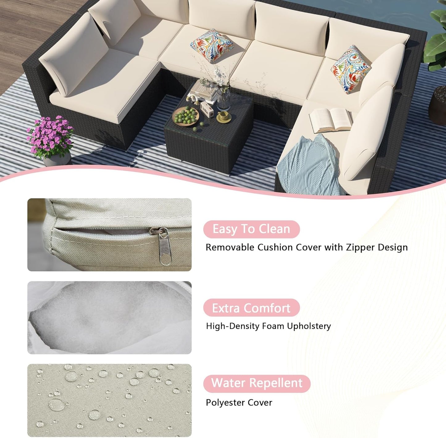 7-Piece Patio Furniture Set - Outdoor Sectional Sofa Set with Cushions and Glass-Top Coffee Table for Gardens, Poolside, Backyards and Porches, Black/Beige