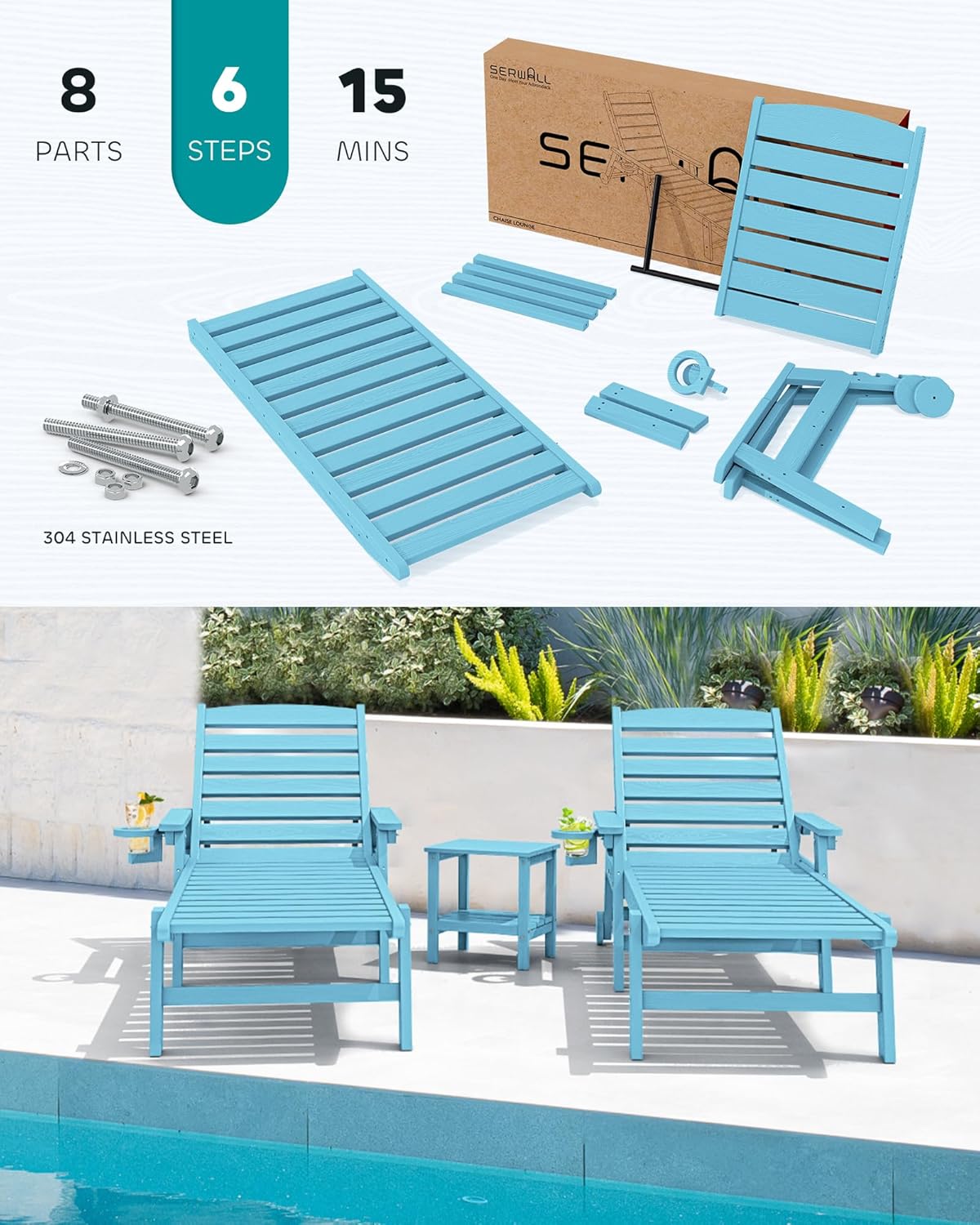 SERWALL Patio Chaise Lounge Chair, 78'' Long HDPE 5 Positions Adjustable Outdoor Lounger, Poly Lounge Chair with Rolling Wheels & Cup Holder for Pool, Light Blue