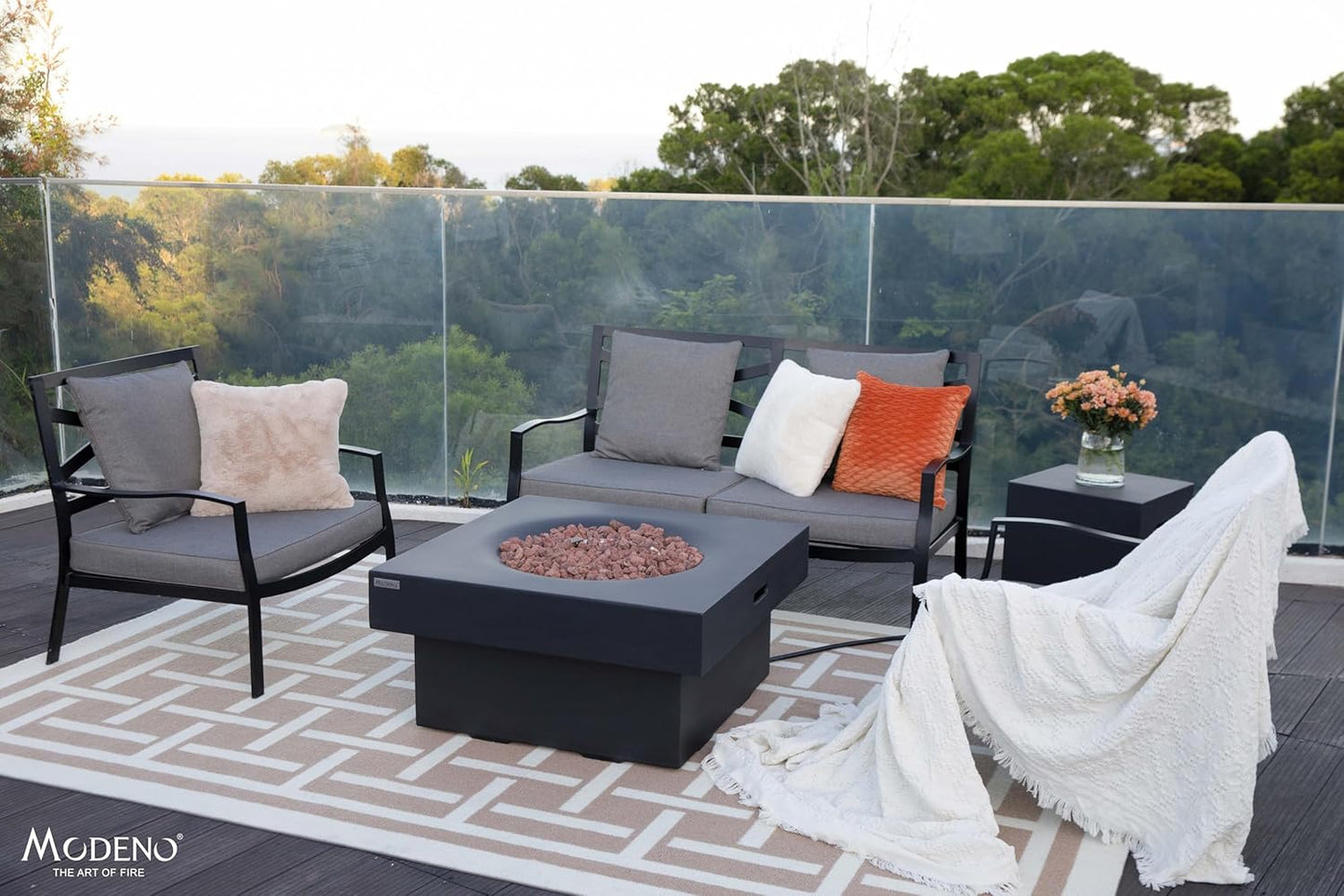 AMS Fireplace | Modeno Branford Package | Black Liquid Propane Gas Fire Pit Table for Outside Patio Bundle with Tank Cover, Wind Guard | Free Ice Bucket & Rubber Mat