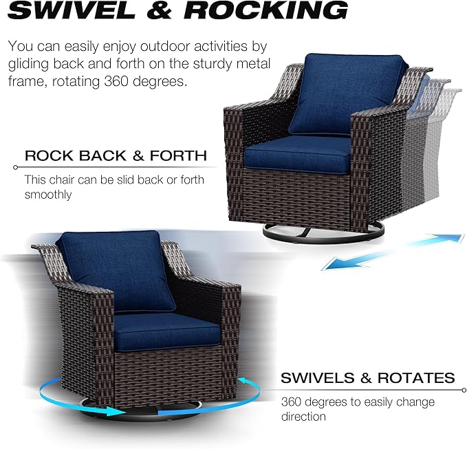 Joyside Wicker Patio Furniture Sets, 6 Pieces Upgraded Large Size Outdoor Furniture with Swivel Rocking Patio Chairs, Outdoor Ottoman, 3-Seat Sofa and Side Table, Thick Cushions, Wide Armrest