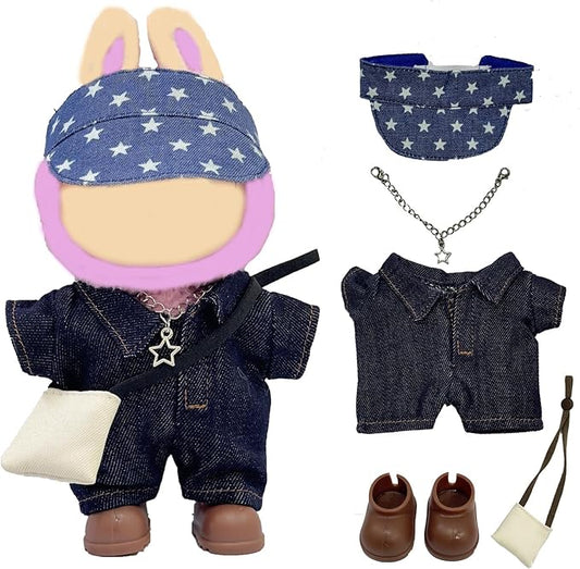 17cm Doll Clothes, Outfits Denim Jeans Set for 17cm Doll, 5 Piece Set Hat Shoes Clothing, Stylish Adorable Dolls Clothes Accessories (No Doll)