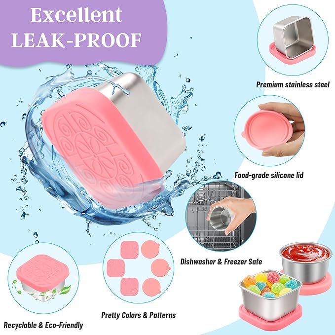 6 PCS Salad Dressing Container to Go,Handy Leakproof Stainless Steel Meal Prep Containers Reusable,Sauce Containers for Lunch Box, Picnics, Travel, Office and Kitchen Storage-1.6oz+2.7oz