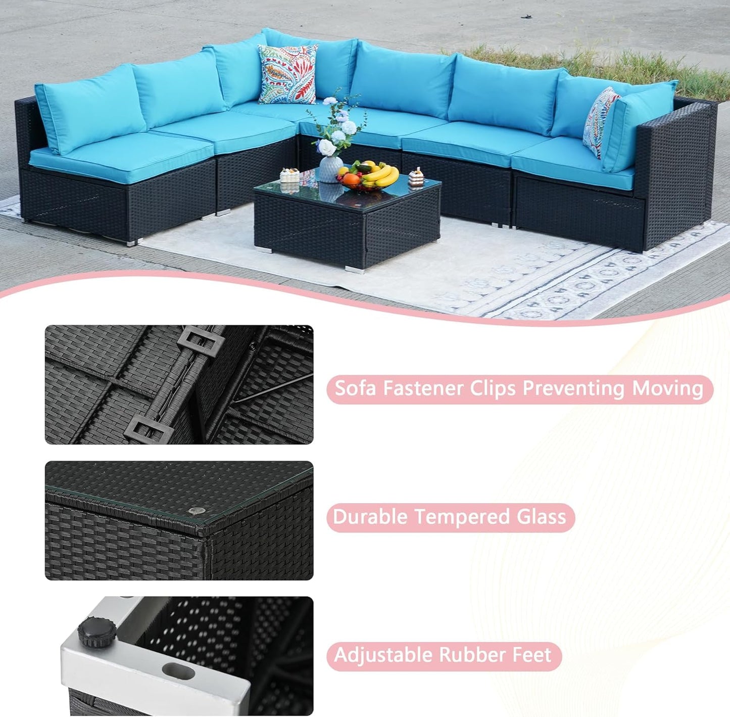 7-Piece Patio Furniture Set - Outdoor Sectional Sofa Set with Cushions and Glass-Top Coffee Table for Gardens, Poolside, Backyards and Porches, Black/Blue