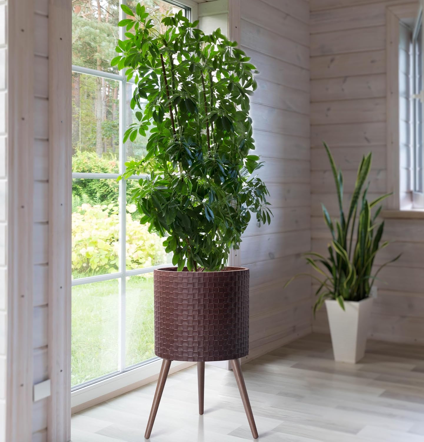 D'vine Dev 16 Inch Modern Geometric Tile Patterned Sleek Planter Pot with Stand, Indoor Outdoor Decorative Plant Holder, Espresso, 88-Z-E-6