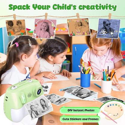 Kids Camera Instant Print 1080P Front Rear Dual Selfie - Toddler Cameras with Digital Video Games,32GB & 5-Color Print Paper/ 250 Photos,Easy to Use & Great Toys Gifts for Boys Girls, Ages 3-12 Green