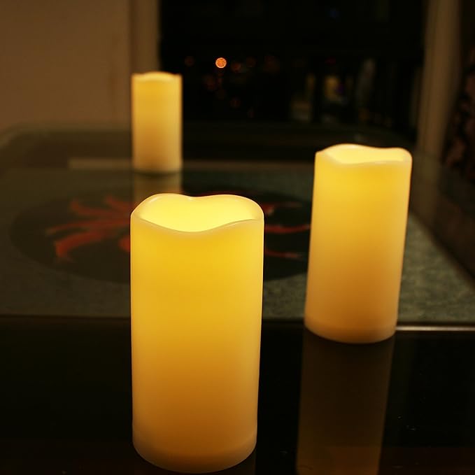 iZAN 3-Pack Outdoor Flameless LED Battery Operated Candles with Remote Waterproof Flickering Electric Pillar Candles for Halloween Chirstmas Home Wedding Party Festival Décor Long Battery Life 3”x6”