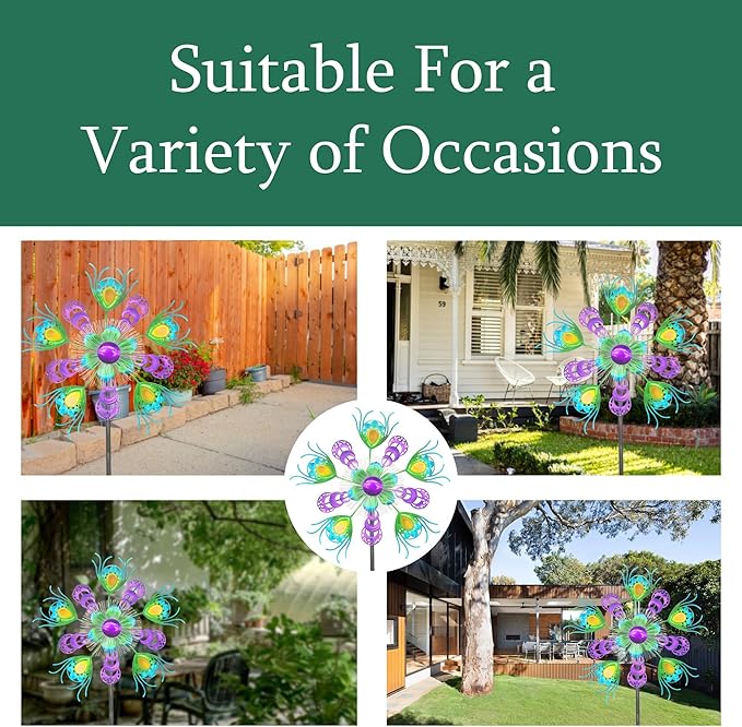 Solar Peacock Wind Spinners for Yard and Garden, 40 Inch Solar Windmill Garden Whirligig Kinetic Spinners Decor for Lawn,Patio&Yard, Metal Whirligigs Green Wind Spinners Outdoor