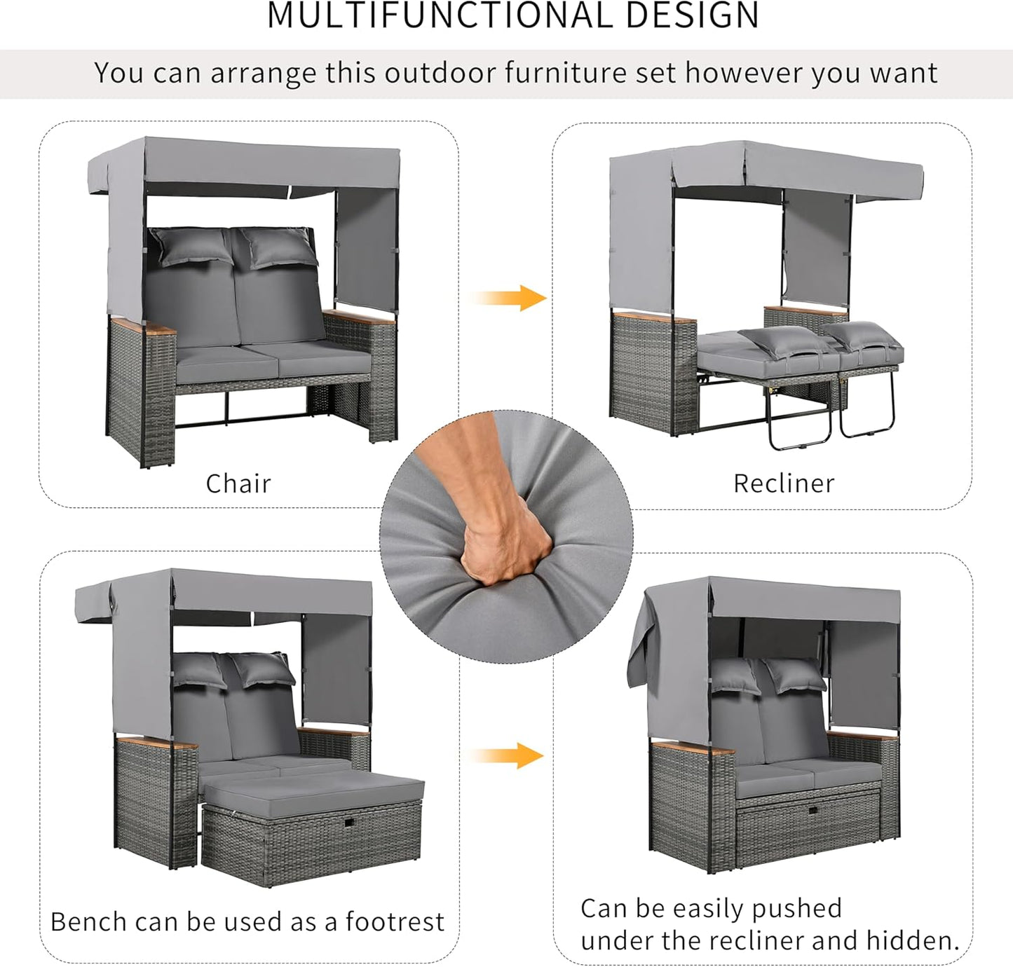 Merax 2-Piece Outdoor Rattan Daybed, Wooden Handrail Table Patio Loveseat Sofa Bed with Bench Lounge Roof Set and Cushions for Poolside, Backyard and Garden, Grey