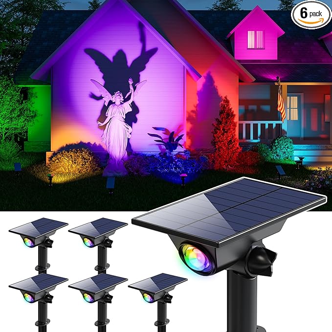 6 Pack Color Changing Solar Power Spot Lights Outdoor Waterproof LED Dusk to Dawn Landscape Spotlight Lamp for Outside Yard, Tree, Flag, Garden, Statues, 8 Colorful Modes, Accent Decorative Lighting