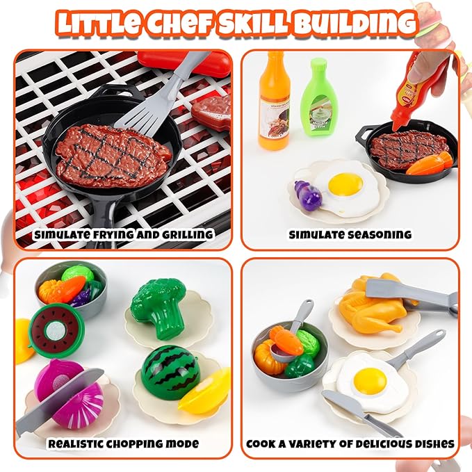 68 Pcs BBQ Grill Playset - with Smoke, Light, Sound & Play Food, Kids Toys Kitchen Play Set, Outdoor Play Grill Toy for Toddlers 3 4 5 6 7 8, Birthday Gifts for 3-8 Years Old Boy Girls