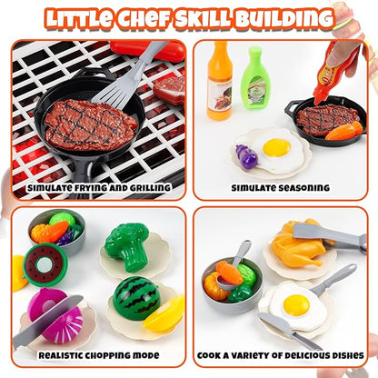 68 Pcs BBQ Grill Playset - with Smoke, Light, Sound & Play Food, Kids Toys Kitchen Play Set, Outdoor Play Grill Toy for Toddlers 3 4 5 6 7 8, Birthday Gifts for 3-8 Years Old Boy Girls