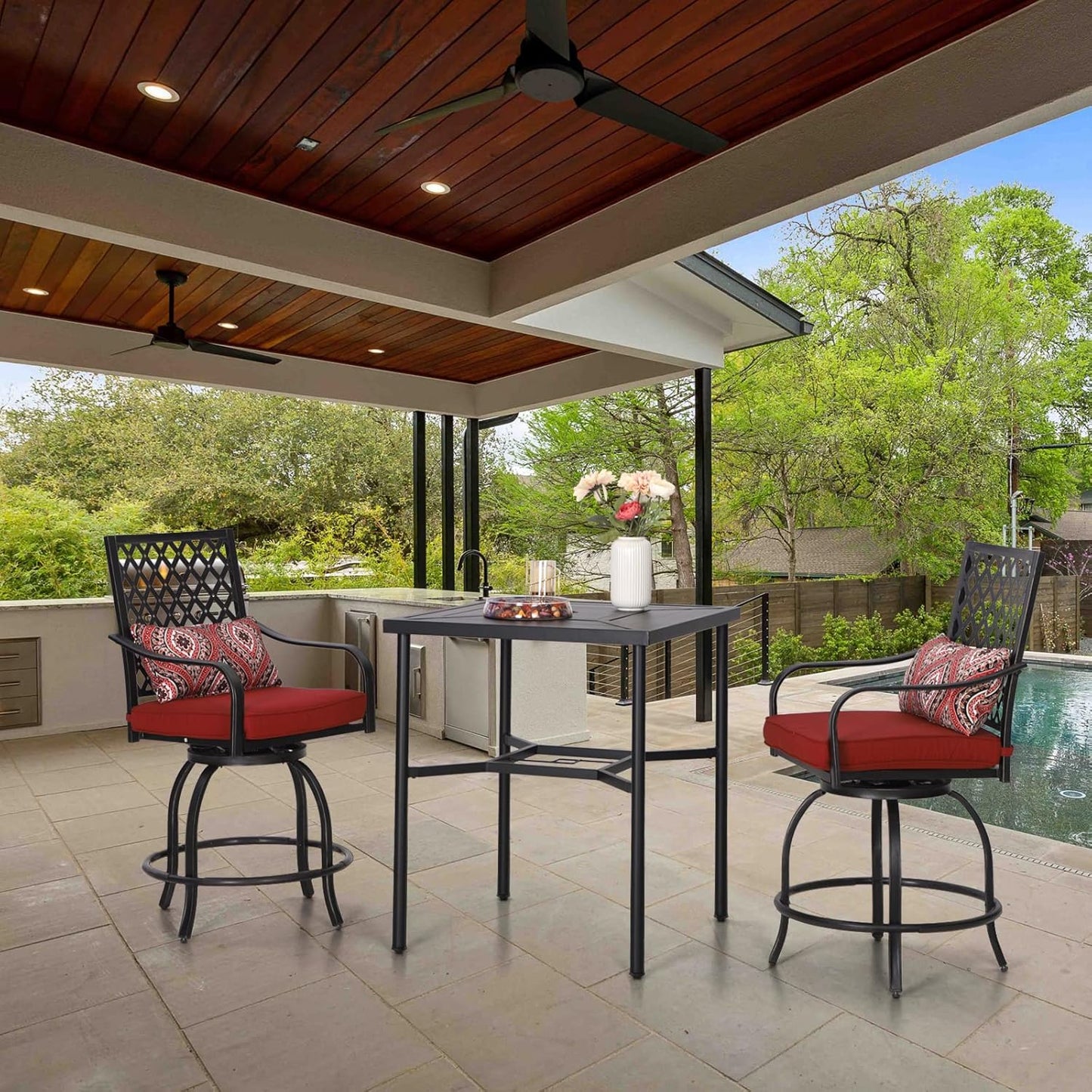 Sophia & William Patio Bar Stools Set 3 Pieces Outdoor Bistro Set, 2 Swivel Bar Chairs and 1 Square Bar Height Table, All-Weather Metal Furniture Set with Red Cushion and Umbrella Hole