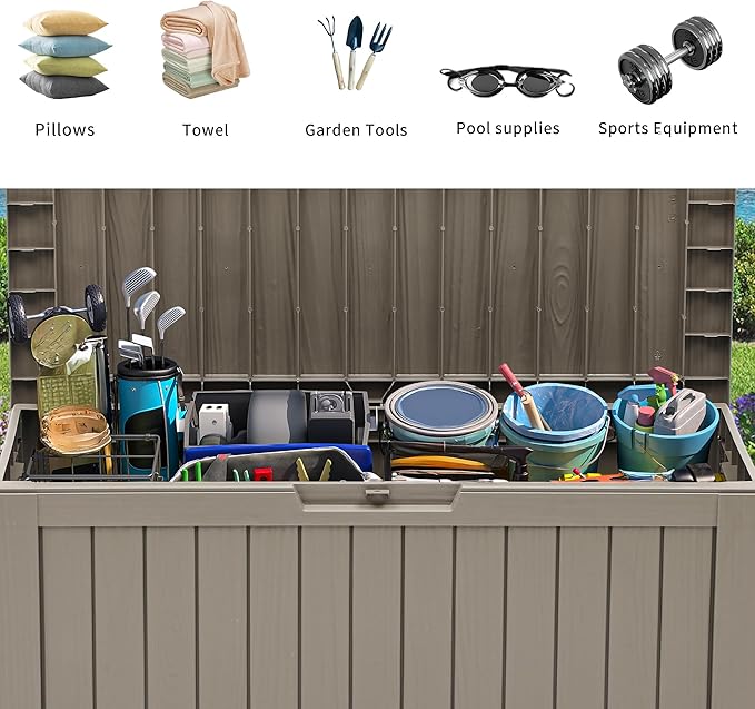 YITAHOME 72 Gallon Outdoor Resin Deck Box with Wheels, Pool Storage Box for Outdoor Cushions, Sports Equipment, Garden Tools, Light Brown