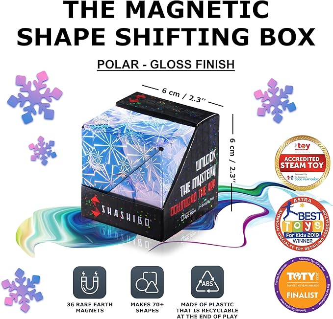 SHASHIBO Shape Shifting Box - Award-Winning Fidget Toy w/ 36 Rare Earth Magnets - Fidget Cube Transforms Into Over 70 Shapes, Sensory Toy Gift for Kids, Teens, and Adults (Polar)