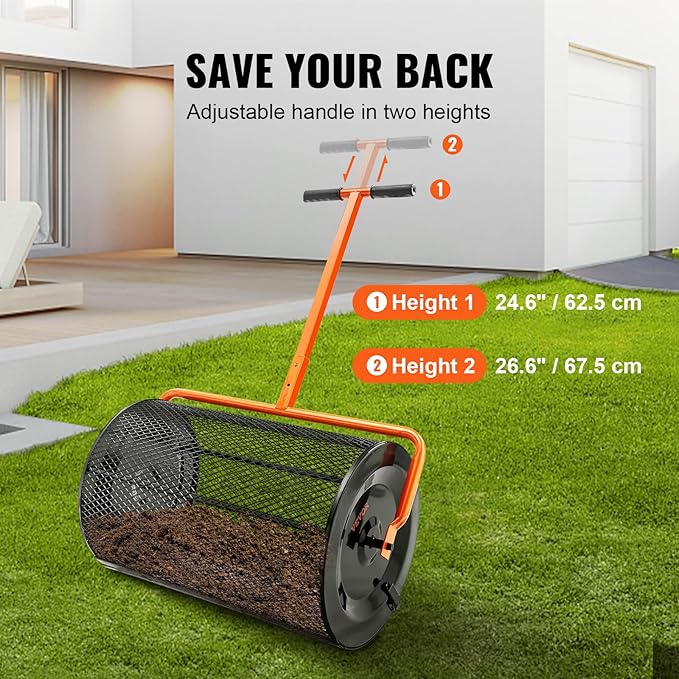 VEVOR Compost Spreader, 24.4-25.6" Height Adjustable Handle, 24" Wide, Lawn and Garden Peat Moss Roller with Side Latches, Powder Coated Steel Mesh Basket for Spreading Manure, Topsoil, Black