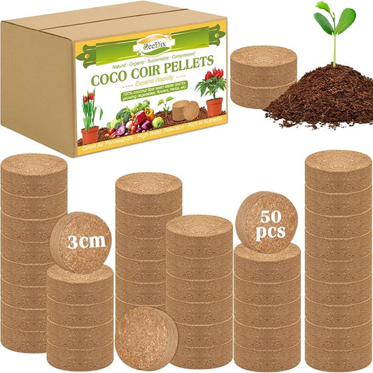 ZeeDix Organic Coco Coir Pellets Potting Soil, 50pcs 30mm Compressed Coconut Coir Seed Starter Soil Pellets, Coco Peat Soil Discs for Indoor Outdoor Plants, Herbs, Houseplants, Flowers and Vegetables