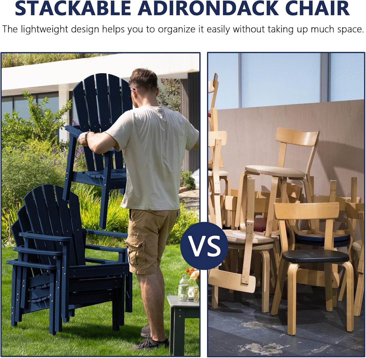Stackable Adirondack Chair Set of 4, HDPE Outdoor Patio Chair - Durable and Space Saving, Suitable for Porches, Lawns or Garden, Navy
