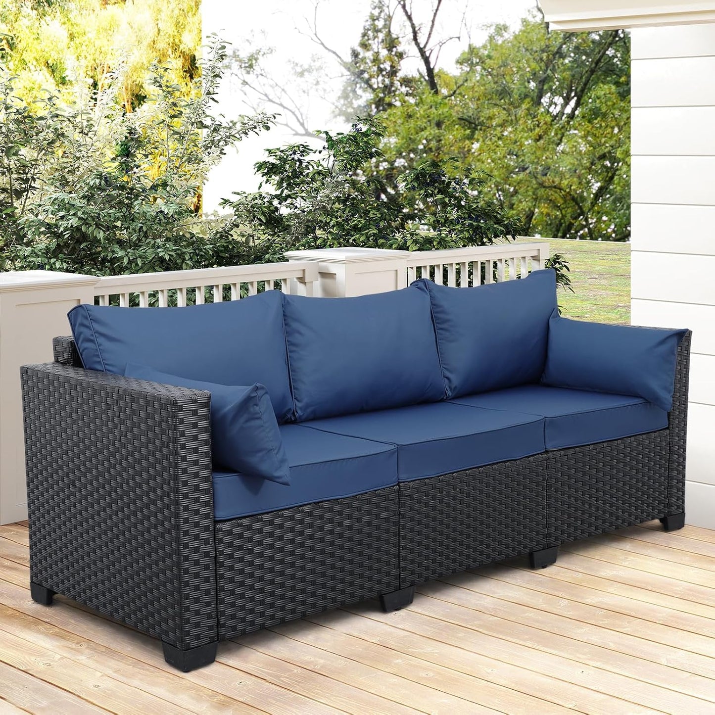 Rattaner Outdoor Furniture Outdoor Couch Patio Furniture 3-seat Sofa Deep Seat Hight Backrest with Waterproof Cover and Anti-Slip Cushions, Navy Blue