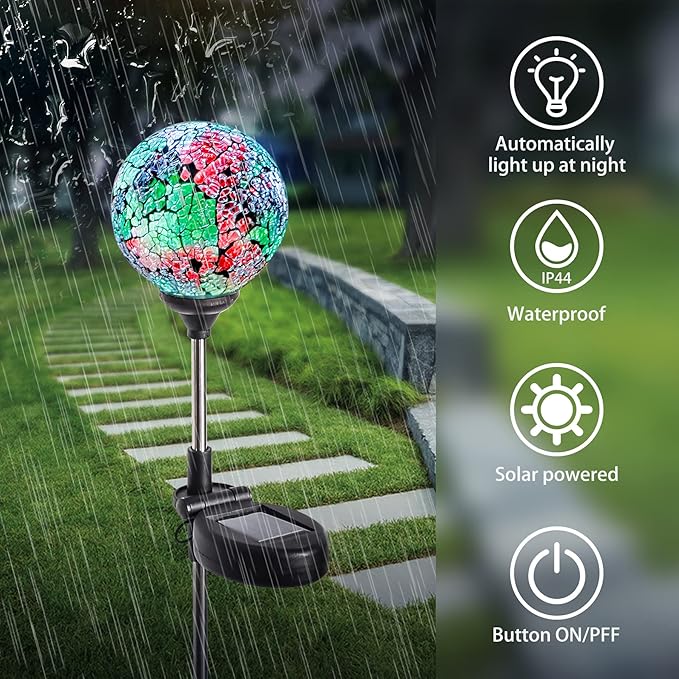 WNP Solar Powered Lights Outdoor Decorative Waterproof Mosaic Solar Garden Stakes Multi Color Crackle Glow Glass Ball Lights for Patio Pathway Yard