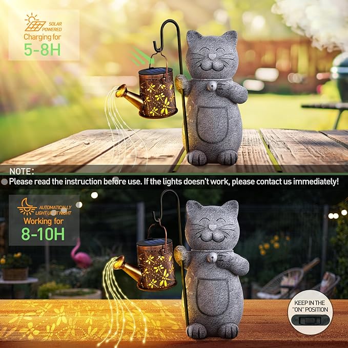 Mothers Day Mom Gifts for Mom, Solar Garden Outdoor Statues Cat with Kettle Light, Birthday Mom Gifts for Her Women Grandma, Cat Lovers Gifts for Women, Gardening Gifts House Warming Gifts New Home