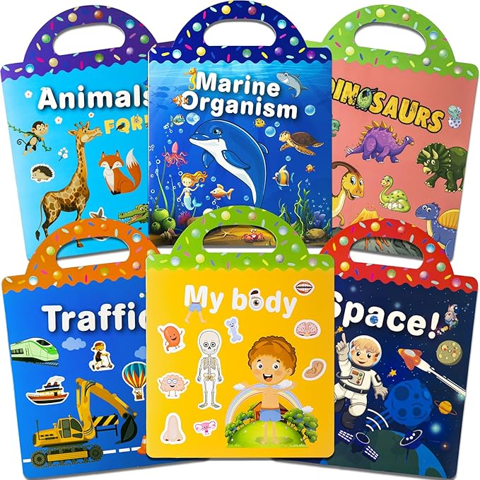 6 Pack Reusable Sticker Books for Kids, Waterproof Puffy Stickers - Toddler Travel Essential Quiet Time Activities Toys - Animal, Marine, Dinosaur, Traffic, Space and Organ (2-6 Age)